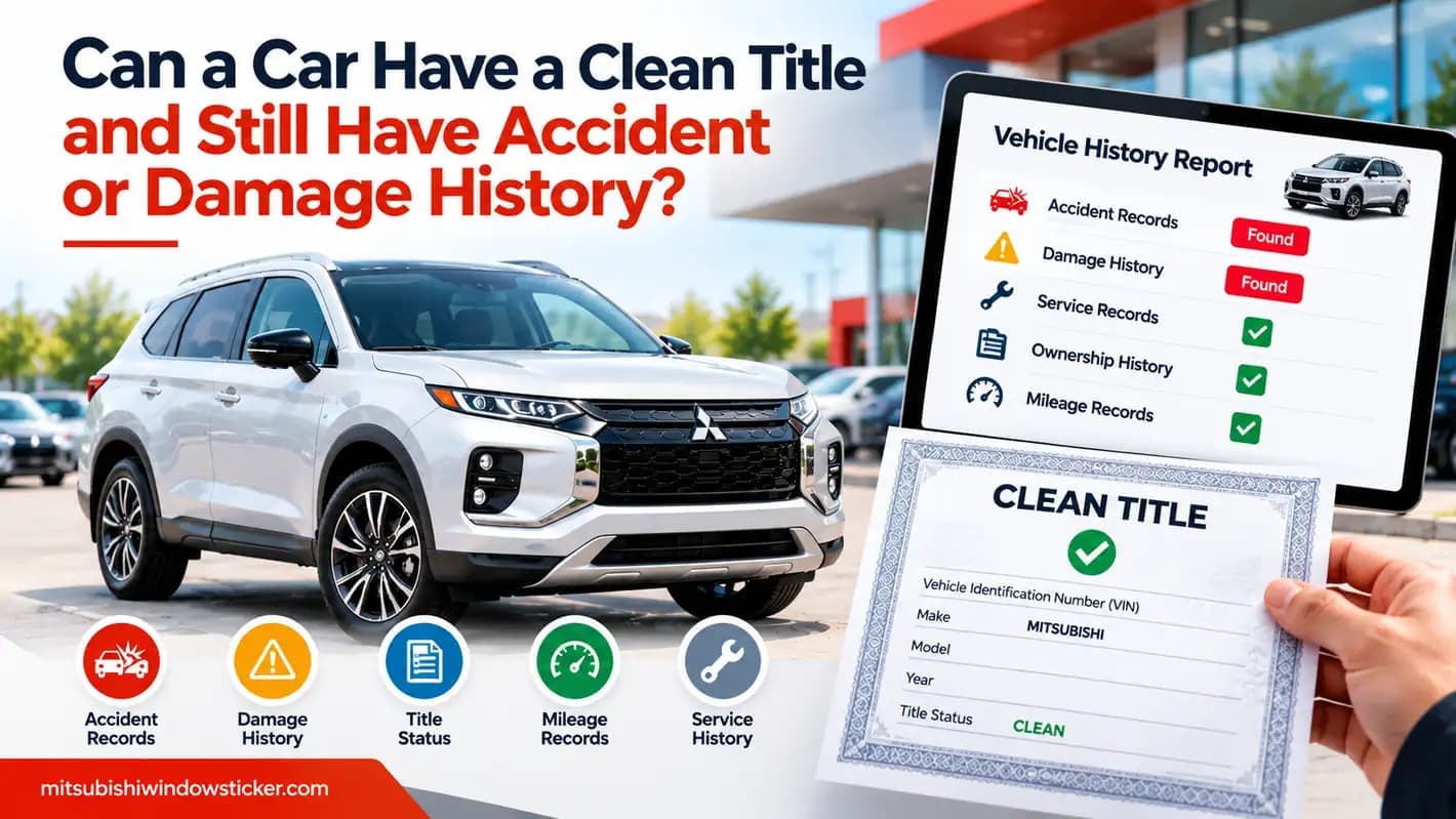 Silver Mitsubishi SUV beside a clean title document and vehicle history report showing recorded accident and damage history.