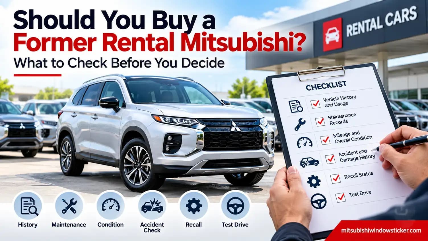 Silver Mitsubishi SUV at a rental-car lot with a buyer checklist for history, maintenance, condition, accident checks, recalls, and test drive.