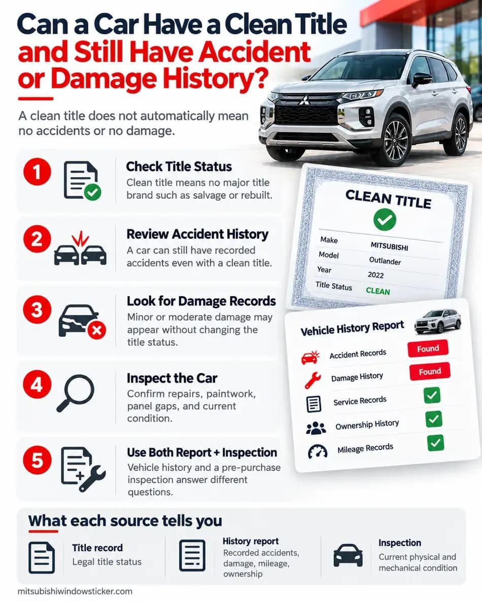 Vertical infographic explaining how a clean title can coexist with accident or damage history and what buyers should verify before purchase.