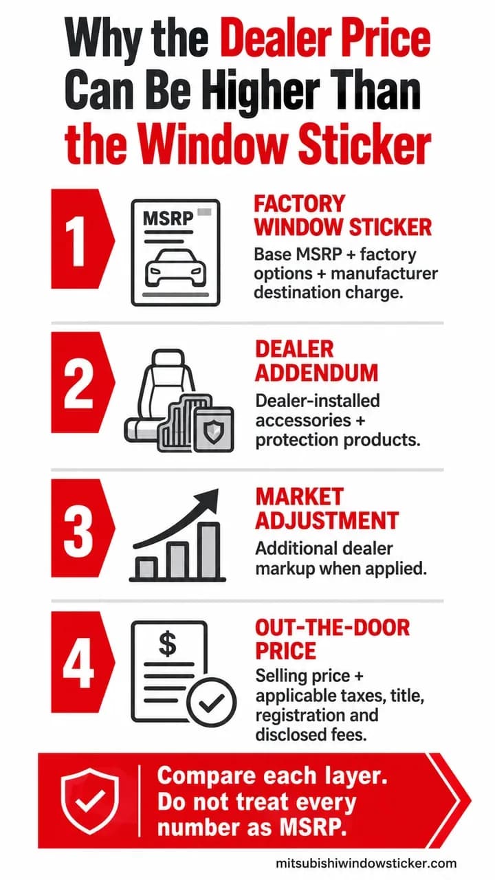 Infographic showing factory window sticker, dealer addendum, market adjustment, and out-the-door price as separate pricing layers.