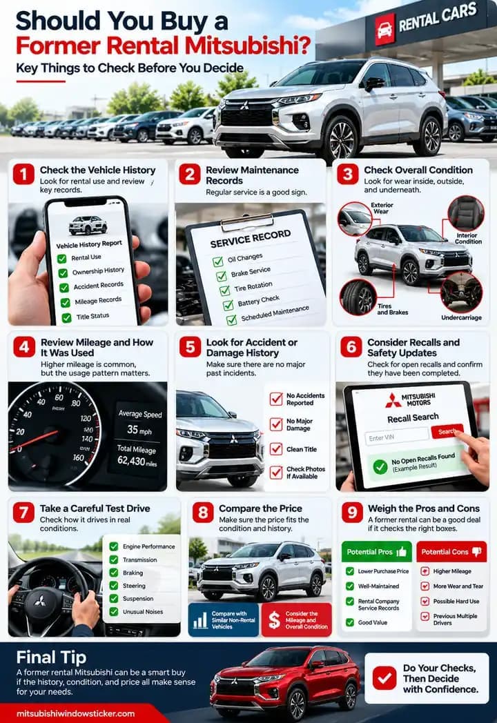 Vertical infographic showing nine checks for a former rental Mitsubishi, including vehicle history, maintenance, condition, mileage, damage, recalls, test drive, price, and pros and cons.