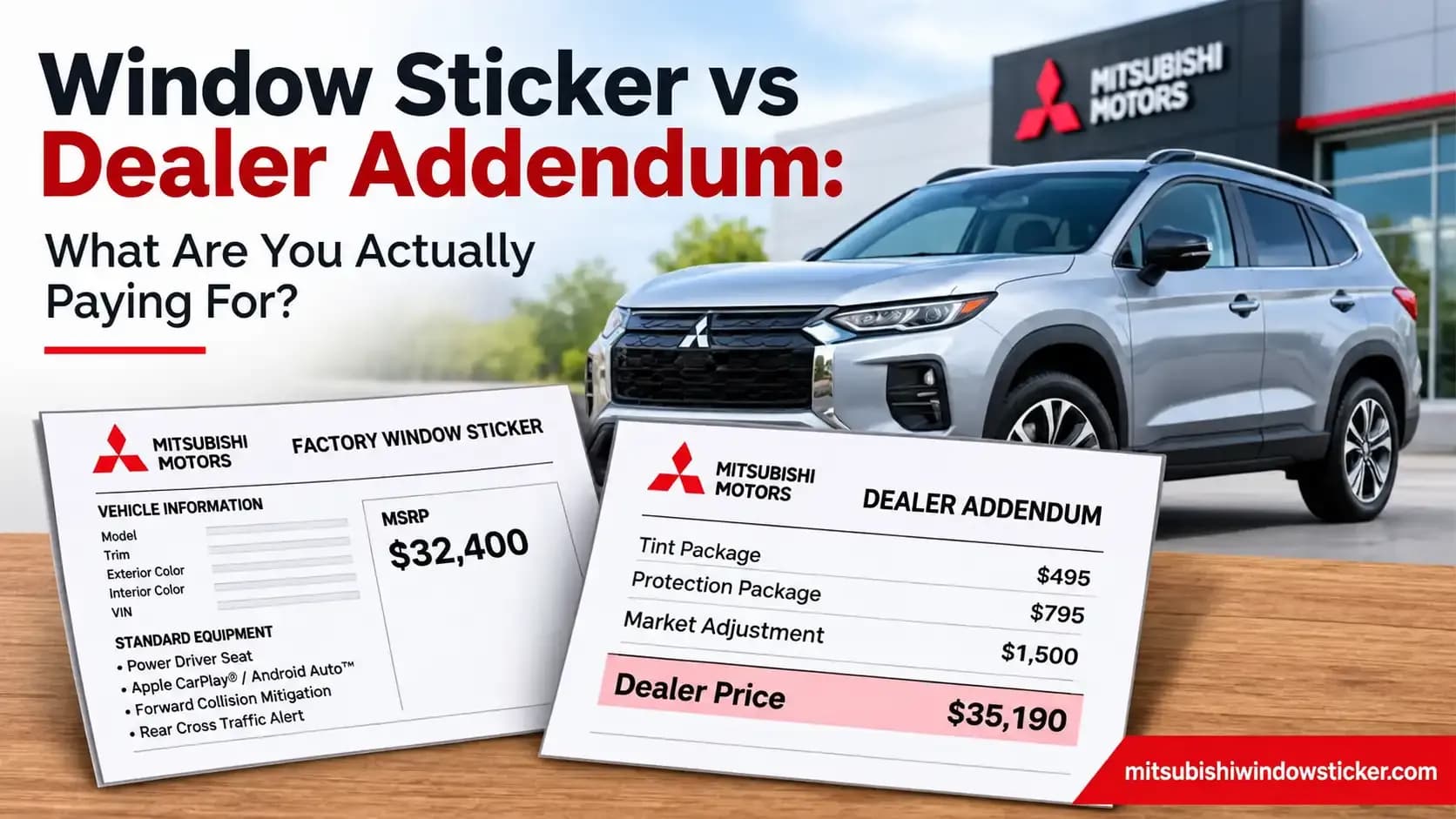 Factory window sticker and dealer addendum shown beside a silver Mitsubishi SUV, comparing original MSRP with dealer-added charges.